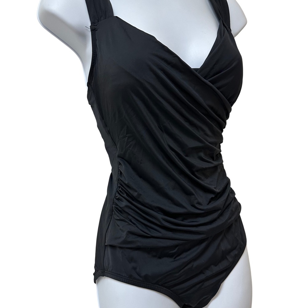 Jantzen Womens Black Surplice Ruched Tummy Control One Piece Swimsuit JZ22700M 4